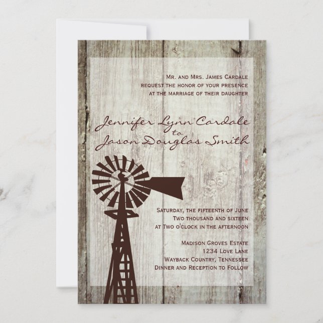 Rustic Country Windmill Wood Wedding Invitations (Front)