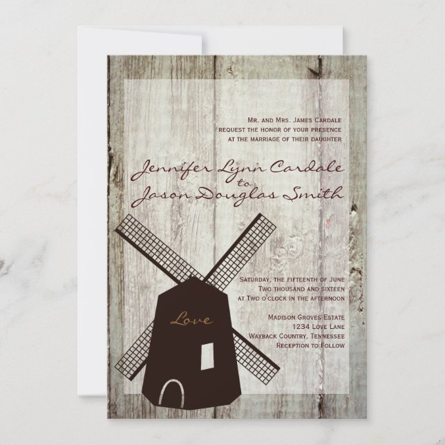 Rustic Country Windmill Wood Wedding Invitations (Front)