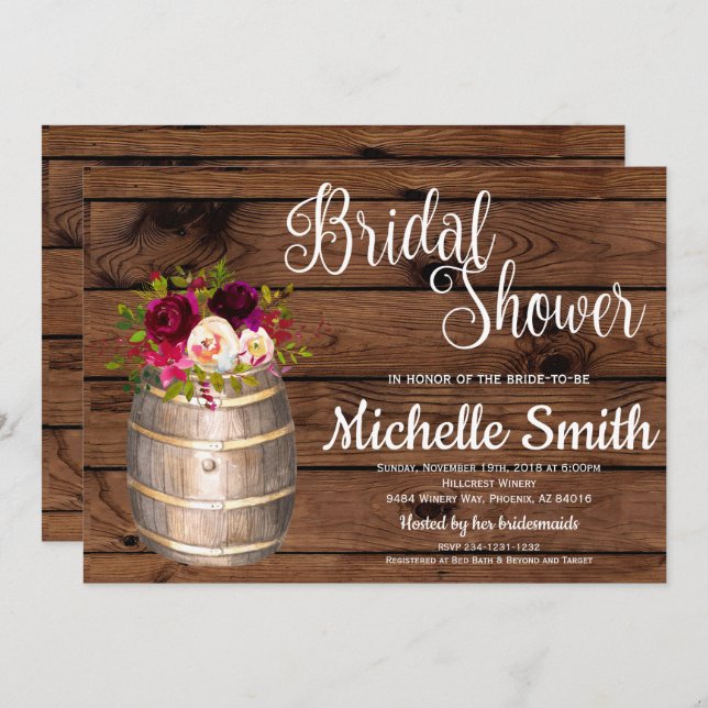 Rustic Country Wine Barrel Burgundy Bridal Shower Invitation (Front/Back)