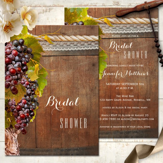 Rustic Country Wine Themed Bridal Shower Invite (A wine themed bridal shower invitation featuring vines with grapes, rope and lace on rustic wood)