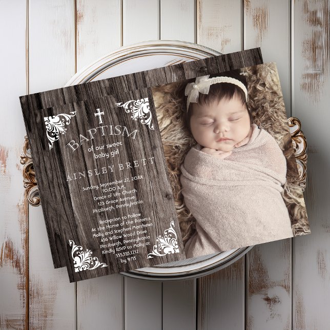 Rustic Country Wood Baby Girl Photo Baptism Invitation (Rustic Country Wood Look Baby Girl Photo Baptism Invitation)