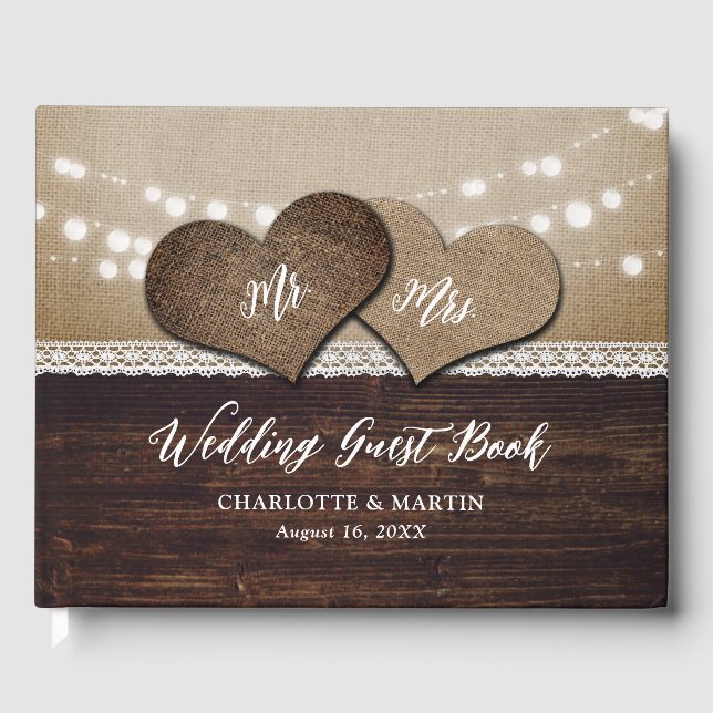 Rustic Country Wood Burlap and Lace Wedding Guest Book (Front)