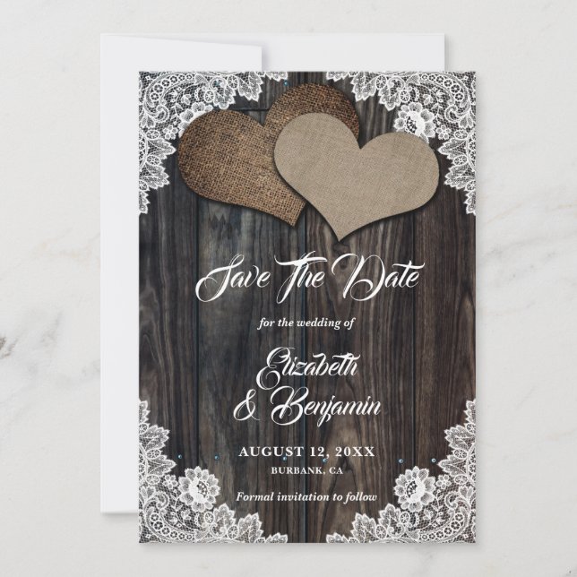 Rustic Country Wood Burlap Floral Lace Wedding Save The Date (Front)