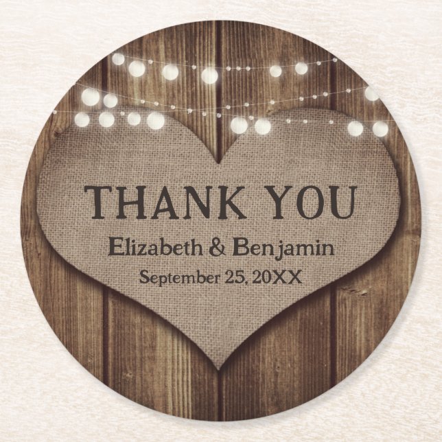 Rustic Country Wood Burlap Heart Wedding Thank You Round Paper Coaster (Front)