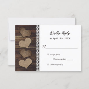 Rustic Country Wood Burlap Hearts Lace Wedding RSVP Card