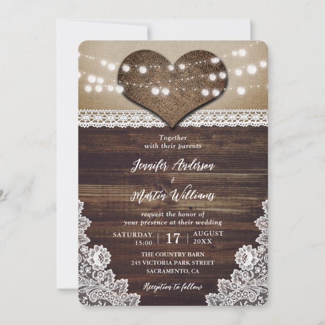 Rustic Country Wood Burlap Lace Lights Wedding Invitation (Front)