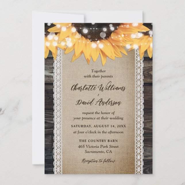 Rustic Country Wood Burlap Lace Sunflower Wedding Invitation (Front)