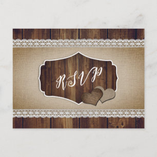 Rustic Country Wood Burlap Lace Wedding RSVP Postcard