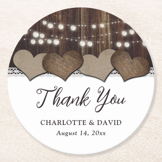 Rustic Country Wood Burlap Lace Wedding Thank You Round Paper Coaster (Front)