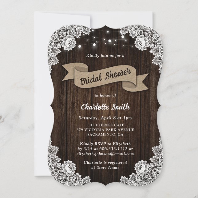 Rustic Country Wood Burlap Ribbon Bridal Shower Invitation (Front)