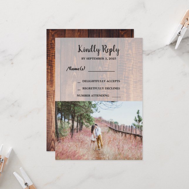Rustic country wood elegant photo wedding RSV Invitation (Front/Back In Situ)