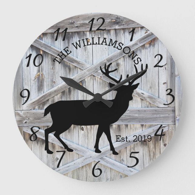 Rustic Country Wood Farmhouse Deer with Antlers Large Clock (Front)