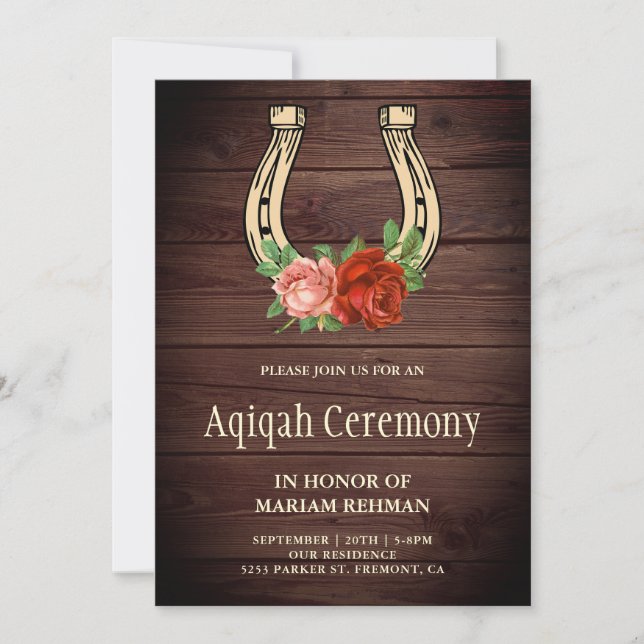 Rustic Country Wood Floral Horseshoe Aqiqah Invitation (Front)