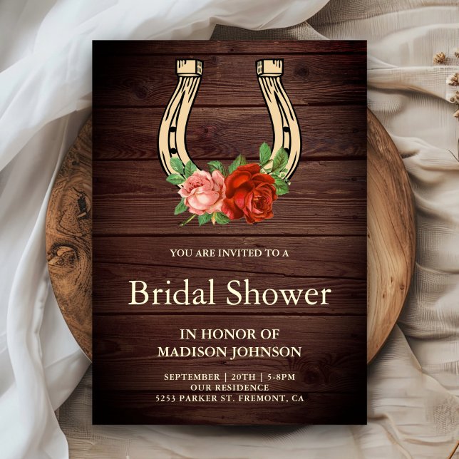 Rustic Country Wood Floral Horseshoe Bridal Shower Invitation (Creator Uploaded)