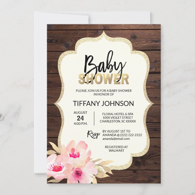Rustic Country Wood Floral Pink Gold Baby Shower Invitation (Front)