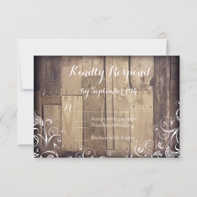 Rustic Country Wood Flourish Wedding RSVP Cards (Front)