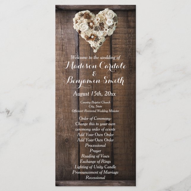 Rustic Country Wood Flowers Heart Wedding Programs Programme (Front)