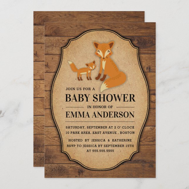 Rustic Country Wood Fox Baby Shower Invitation (Front/Back)