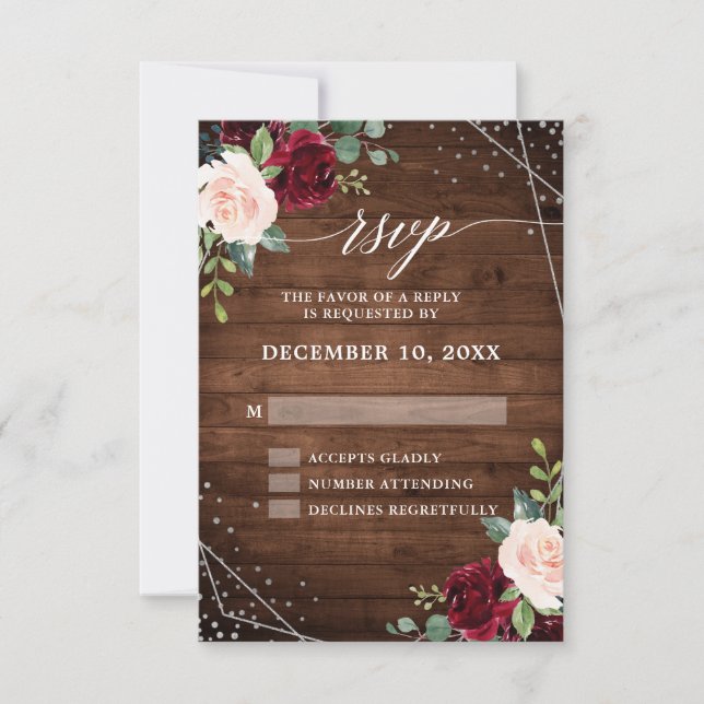 Rustic Country Wood Geometric Burgundy Floral RSVP Card (Front)