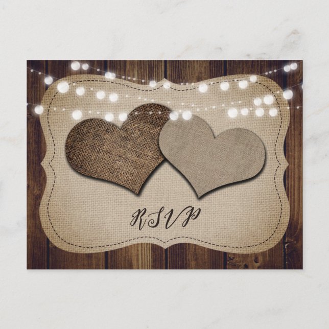 Rustic Country Wood Hearts Wedding RSVP Postcard (Front)