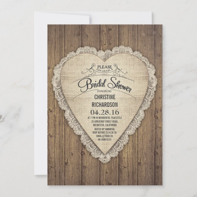 rustic country wood lace & burlap bridal shower invitation (Front)