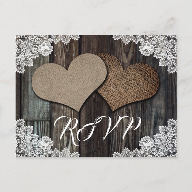 Rustic Country Wood Lace Burlap Heart Wedding RSVP Invitation Postcard (Front)