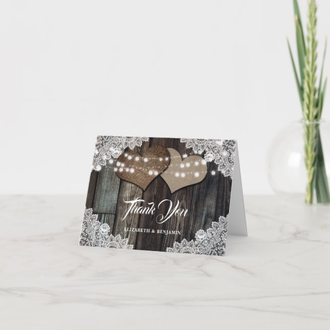 Rustic Country Wood Lace Burlap Hearts Wedding Thank You Card (Front)