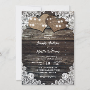 Rustic Country Wood Lace String Lights Wedding Invitation