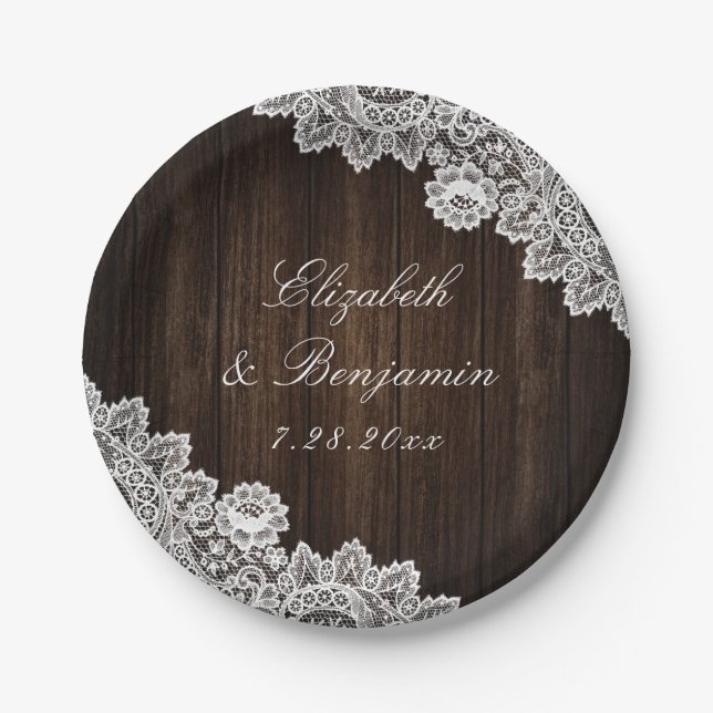 Rustic Country Wood Lace String Lights Wedding Paper Plate (Front)