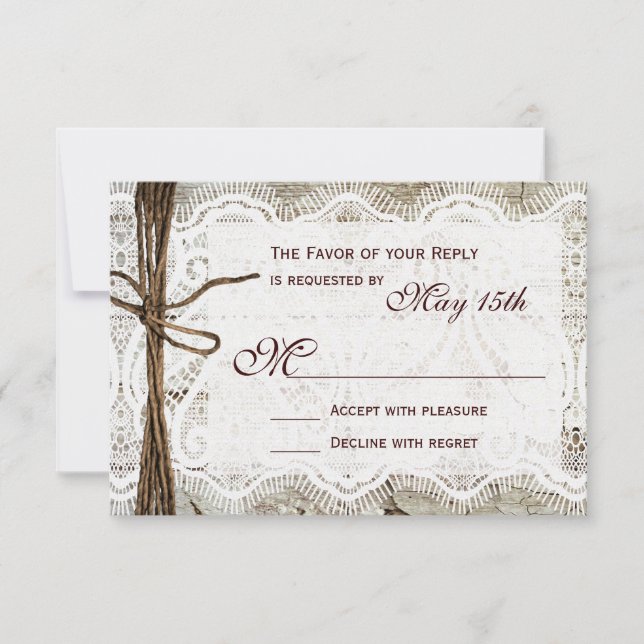 Rustic Country Wood Lace Wedding RSVP Cards (Front)