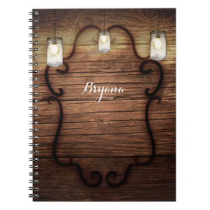 Rustic Country Wood & Lighted Mason Jars Spiral Notebook