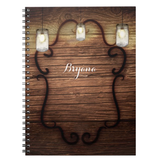 Rustic Country Wood & Lighted Mason Jars Spiral Notebook (Front)