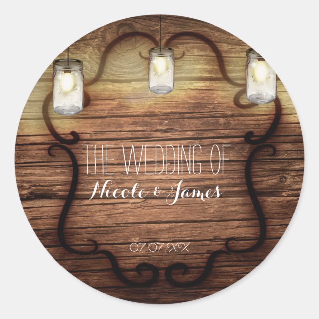 Rustic Country Wood & Lighted Mason Jars Wedding Classic Round Sticker (Front)