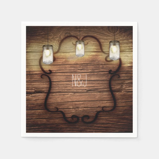 Rustic Country Wood & Lighted Mason Jars Wedding Napkin (Front)