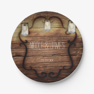 Rustic Country Wood & Lighted Mason Jars Wedding Paper Plate