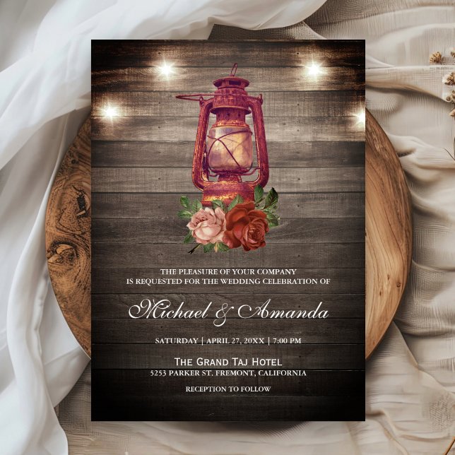 Rustic Country Wood Lights Oil Lantern Wedding Invitation (Creator Uploaded)