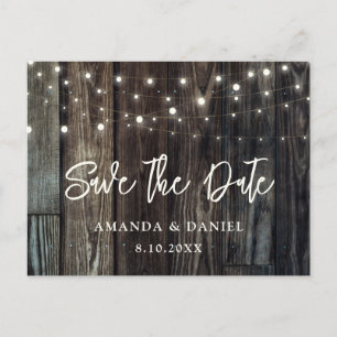 Rustic Country Wood Lights Wedding Save The Date Postcard