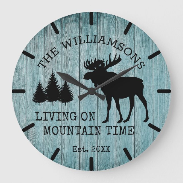 Rustic Country Wood Living on Mountain Time Moose Large Clock (Front)