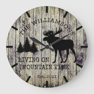 Rustic Country Wood Living on Mountain Time Moose Large Clock