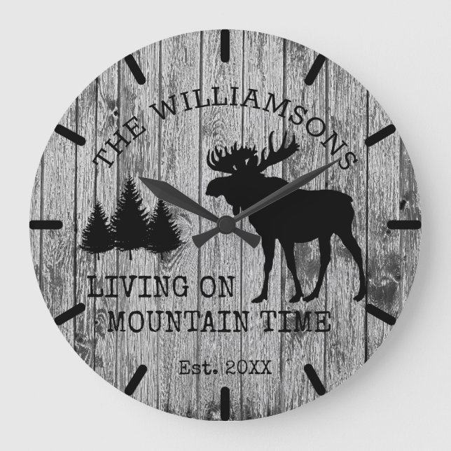 Rustic Country Wood Living on Mountain Time Moose Large Clock (Front)