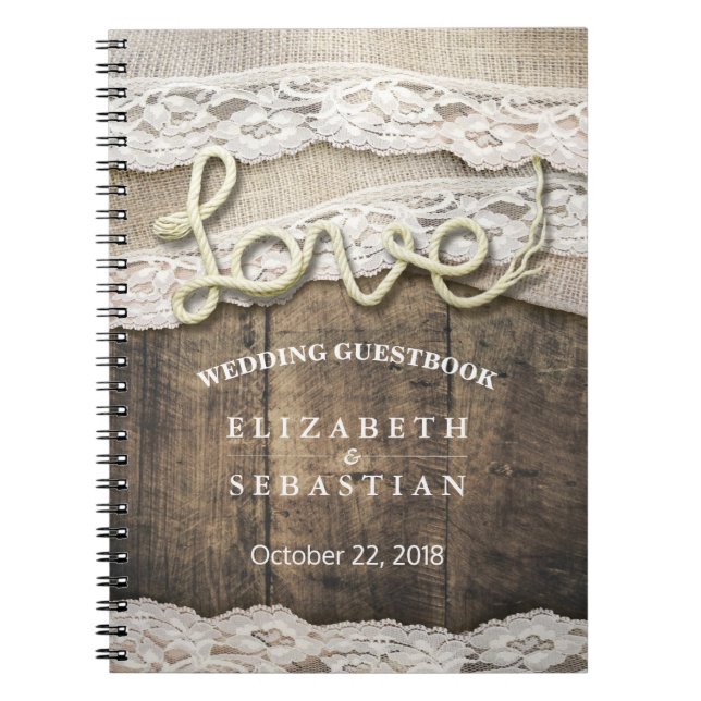 Rustic Country Wood Love Rope Wedding Guestbook Spiral Notebook (Front)