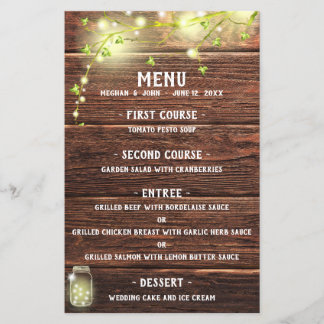 Rustic Country Wood Mason Jar Lights Wedding Menu