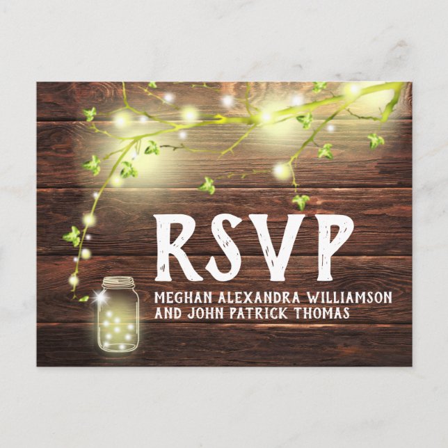 Rustic Country Wood Mason Jar String Lights RSVP Postcard (Front)