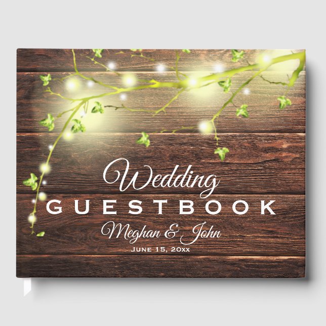 Rustic Country Wood Mason Jar String Lights Tree Guest Book (Front)