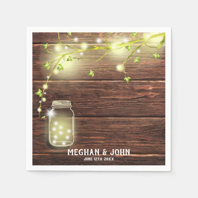 Rustic Country Wood Mason Jar String Lights Tree Napkin (Front)