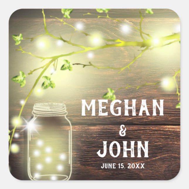 Rustic Country Wood Mason Jar String Lights Tree Square Sticker (Front)