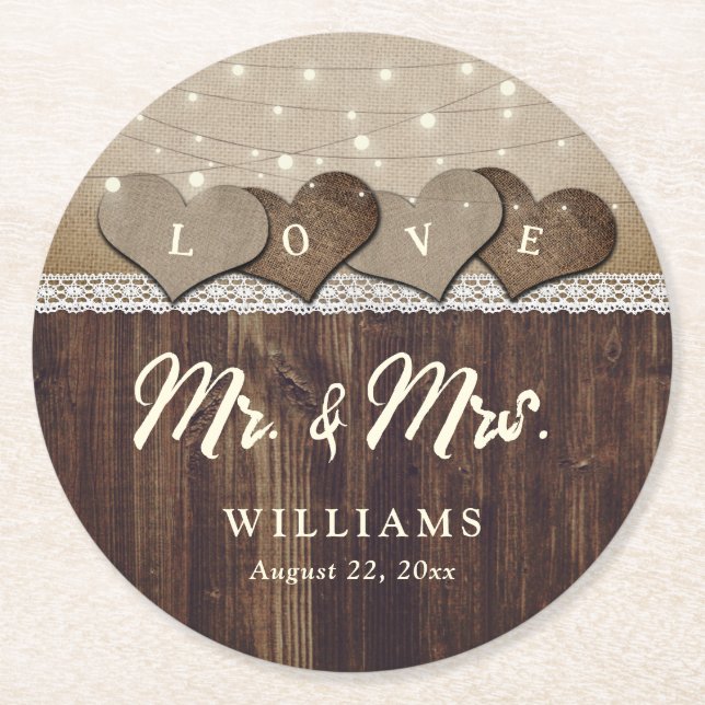 Rustic Country Wood Mr and Mrs Wedding Round Paper Coaster (Front)