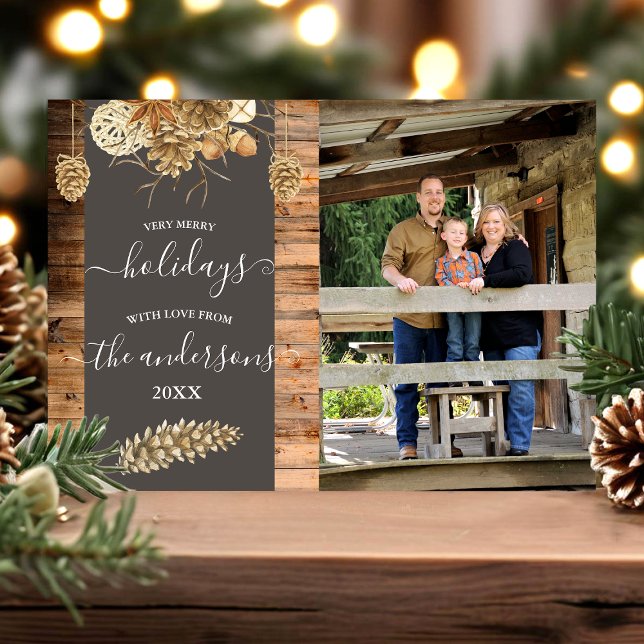 Rustic Country Wood Pinecone Holiday Photo Card (Creator Uploaded)
