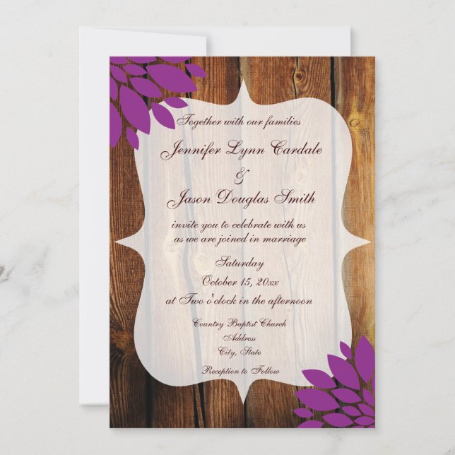 Rustic Country Wood Purple Flower Wedding Invite (Front)