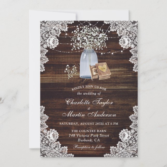 Rustic Country Wood Ring Box Baby's Breath Wedding Invitation (Front)
